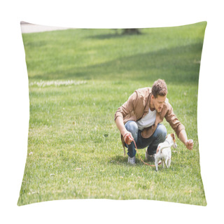 Personality  Selective Focus Of Young Man Playing With Jack Russell Terrier In Park Pillow Covers