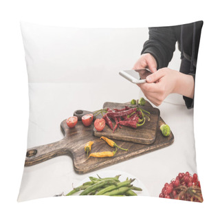 Personality  Cropped View Of Professional Photographer Making Food Composition For Commercial Photography On Smartphone Pillow Covers