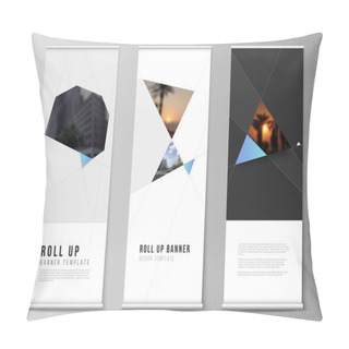 Personality  The Vector Layout Of Roll Up Banner Stands, Vertical Flyers, Flags Design Business Templates. Creative Modern Background With Blue Triangles And Triangular Shapes. Simple Design Decoration. Pillow Covers