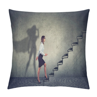 Personality  Super Hero Business Woman Stepping Up On Stairs Climbing To Success On Gray Wall Background Pillow Covers