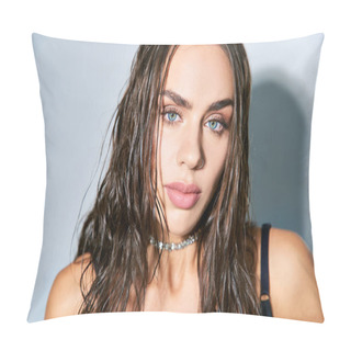 Personality  Portrait Of Beautiful Woman With Brunette And Wet Hair Looking At Camera On Grey Backdrop, Blue Eyes Pillow Covers