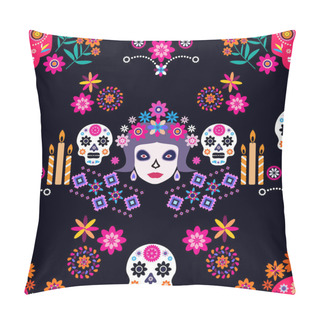 Personality  Mexican Seamless Pattern, Catrina Calavera  Sugar Skulls And  Marigold Flowers. Template  For Mexican Celebration, Traditional Mexico Skeleton Decoration. Dia De Los Muertos, Day Of The Dead  Halloween Vector Illustration Pillow Covers