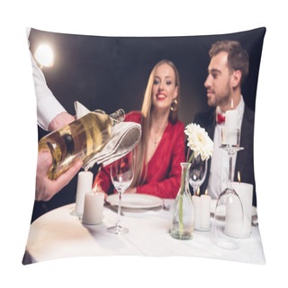 Personality  Waiter Pouring Wine While Couple Having Romantic Date In Restaurant On Valentines Day Pillow Covers