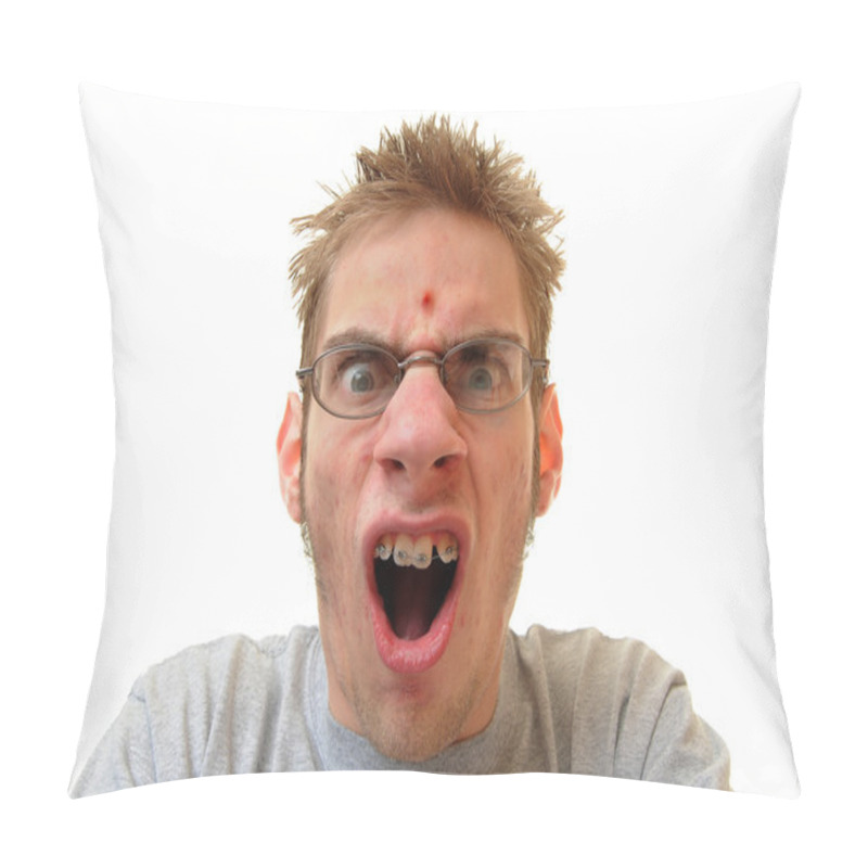 Personality  One Single Red Pimple Is Seen On This Young Adults Forehead Isolated On White Background. Pillow Covers