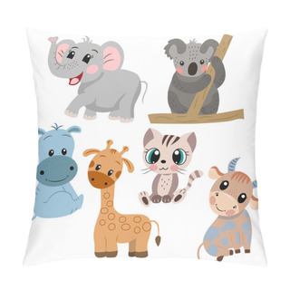 Personality  Image With A Set Of Cute Cartoon Elephant, Koala, Giraffe, Hippo, Bull, Cat In Vector Graphics On A White Background. For Design, Prints For Childrens Clothing, Notebook Covers, Textiles Pillow Covers