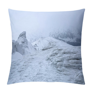 Personality  At The High Mountains There Are Fantastic, Interesting, Frozen Structured Rocks Looking Like Mystical Fairytale Figures. The Panoramic View With The Fog, High Peaks In Snow, Adventure Mood In The Winter Day. Pillow Covers