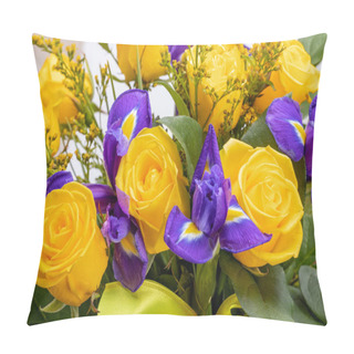 Personality  Beautiful Floristic Bouquet Of Blue Irises And Yellow Roses Pillow Covers