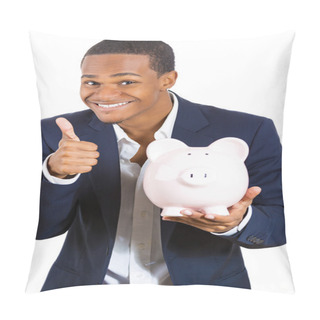 Personality  Closeup Portrait Of Rich Super Excited Young Successful Happy Man Introducing His Friend, The Piggy Bank Pillow Covers