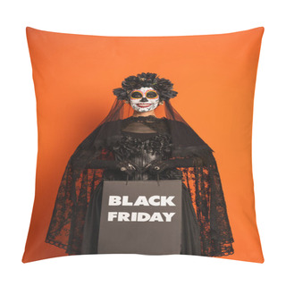 Personality  Smiling Woman In Scary Halloween Makeup And Costume Holding Black Friday Shopping Bag Isolated On Orange Pillow Covers