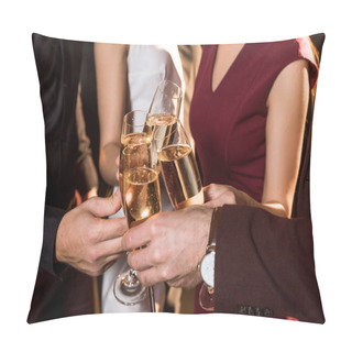 Personality  Cropped Shot Of Friends Clinking Champagne Glasses During Party Pillow Covers