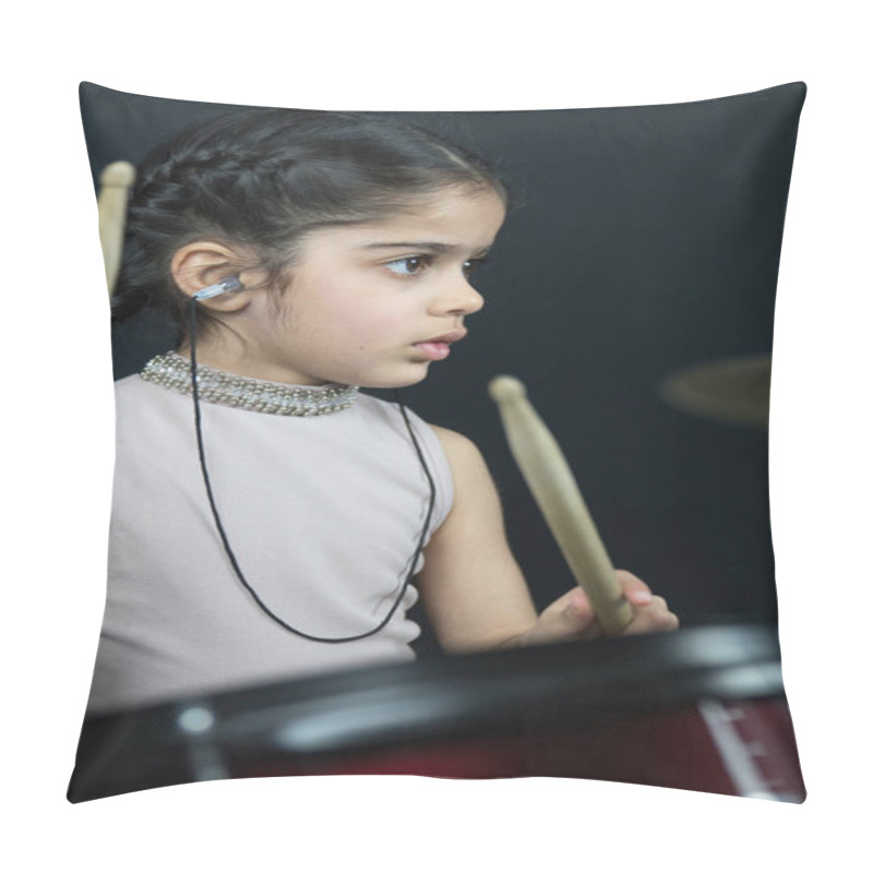 Personality  5 Year Old Girl Of British Indian Origin Practicing And Playing The Drums, Reading Music From Notation - On A Dark Background With Copy Space.  Pillow Covers