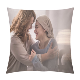 Personality  Happy Mother And Sick Adult Daughter In Kerchief Hugging And Looking At Each Other Pillow Covers