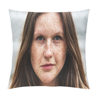 Personality  Portrait Of A Beautiful Girl With Freckles, Close-up Pillow Covers