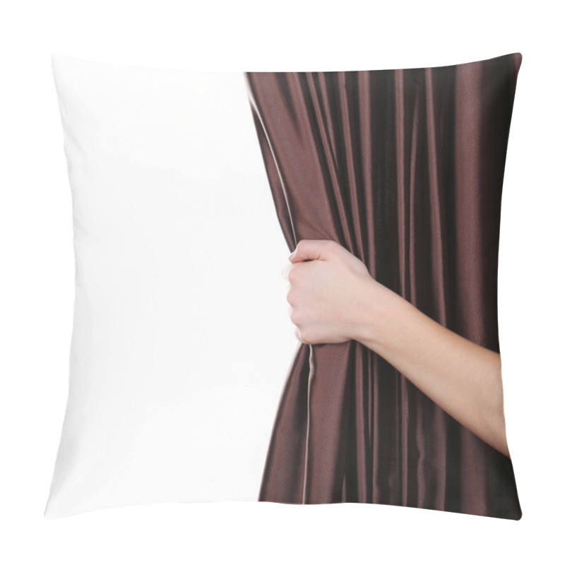 Personality  Hand opening curtain isolated on white  pillow covers
