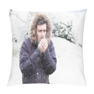 Personality  Man In Cold And Snowy Weather Storm In Winter Pillow Covers