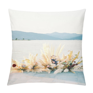 Personality  Bouquets Of Flowers Stand On A Pier By The Sea Against The Backdrop Of Mountains. High Quality Photo Pillow Covers