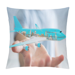 Personality  Businessman With Plane And Famous Landmarks Of The World 3D Rend Pillow Covers