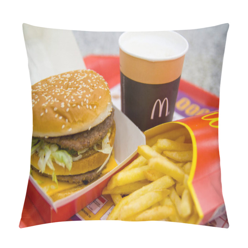 Personality  Russia, Saint-Petersburg, December 24, 2018: Hamburger Menu In McDonald's Restaurant Fries, Coffee Capuccino, Big Mac. Fastfood And Junk Food Concept Pillow Covers