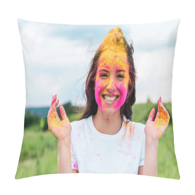Personality  happy woman with pink and yellow holi paint on face  pillow covers