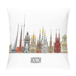 Personality  Panoramic Colorful Moscow Skyline Travel Illustration With Architectural Landmarks Front View In Line Art Style. Horizontal Russian Tourism And Journey Vector Background. Stock Illustration Pillow Covers