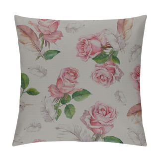 Personality  Repeating Floral Pattern With Pink Rose Flowers And Feathers. Watercolor  Pillow Covers