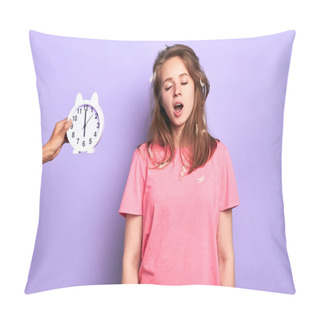 Personality  Studio Shot Of Young Female In Pink Pyjamas Yawning, Trying To Wake Up Pillow Covers