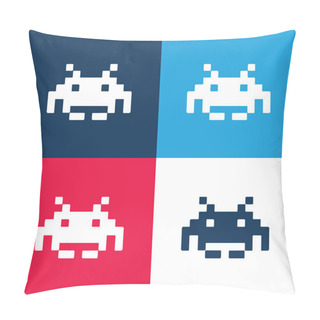 Personality  Alien Pixelated Shape Of A Digital Game Blue And Red Four Color Minimal Icon Set Pillow Covers