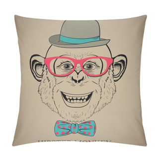 Personality  Fashion Hand Drawing Illustration Of Monkey In Glasses, Bow Tie And Bowler Hat. Hipster Look. Retro Vintage Style. Doodle Style Pillow Covers