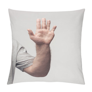 Personality  Partial View Of Man Showing Stop Gesture Isolated On Grey, Human Emotion And Expression Concept Pillow Covers