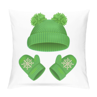 Personality  Hat With A Pompom And Mitten Set. Vector Pillow Covers