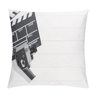 Personality  Flat Lay With Clapper Board And Retro Camera On White Wooden Tabletop Pillow Covers