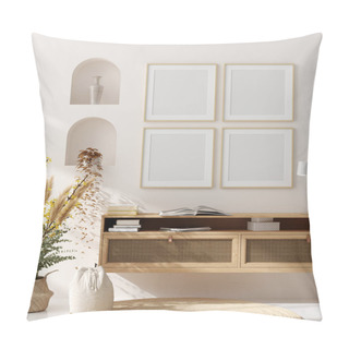 Personality  Mock Up Frame In Home Interior Background, Beige Room With Natural Wooden Furniture, Scandinavian Style, 3d Render Pillow Covers