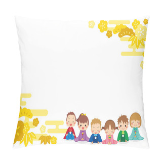 Personality  Illustration Of A Japanese Pattern Frame With Children In Kimono Greeting The New Year. Pillow Covers