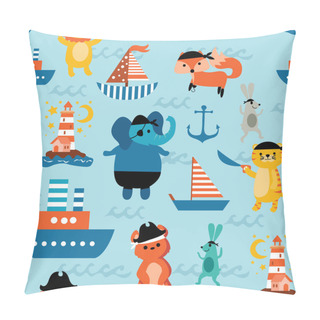 Personality  Cute Animal Pirate With Marine Seamless Pattern On Blue Background Pillow Covers