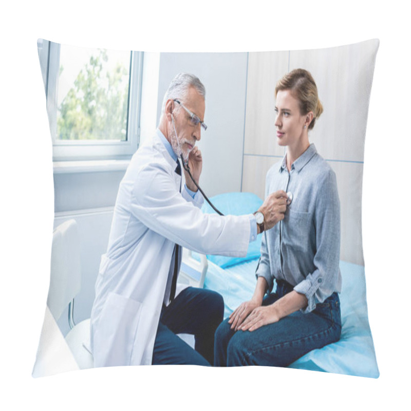 Personality  Serious Mature Male Doctor Examining Female Patient By Stethoscope In Hospital Room Pillow Covers