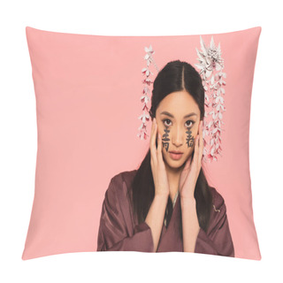 Personality  Japanese Woman In Kimono With Hieroglyphs On Face Isolated On Pink  Pillow Covers