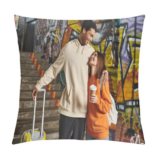 Personality  Happy Diverse Couple Embracing By Wall With Graffiti On Background, Black Man With Luggage Pillow Covers