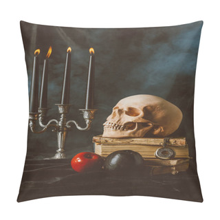 Personality  Candelabrum, Halloween Skull, Ancient Books With Black And Red Apples On Black Cloth With Smoke Pillow Covers