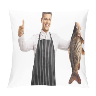 Personality  Man Wearing An Apron, Holding A Big Carp Fish And Gesturing Thumbs Up Isolated On White Background Pillow Covers
