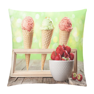 Personality  Various Ice Cream In Waffle Cones And Bowl With Strawberry Pillow Covers