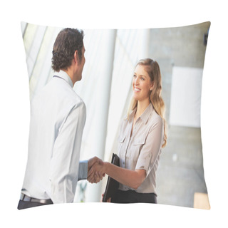 Personality  Businessman And Businesswoman Shaking Hands In Office Pillow Covers