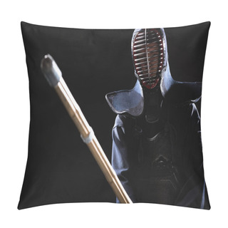 Personality  Kendo Fighter In Armor Practicing With Bamboo Sword Isolated On Black Pillow Covers