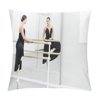Personality  Graceful Ballerina In Black Dress Training At Barre Near Mirrors Pillow Covers