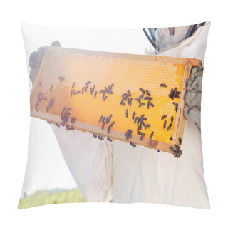 Personality  Bees On Honeycomb Frame In Hands Of Cropped Beekeeper In Protective Suit Pillow Covers