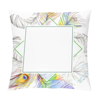 Personality  Colorful Bird Feather From Wing Isolated. Aquarelle Feather For Frame Or Border. Watercolor Background Illustration Set. Watercolour Drawing Fashion Aquarelle. Frame Border Ornament Square. Pillow Covers