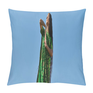 Personality  Sunny Day, Summer, Indian Woman In Sari Standing With Closed Eyes Under Blue Sky, Banner Pillow Covers