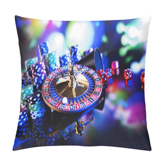 Personality  Gambling Theme.  Roulette Wheel And Poker Chips On Color Bokeh Background. Pillow Covers