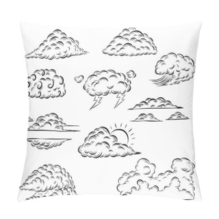 Personality  Set Of Clouds By Hand Drawing.Cloud Vector Comic Style Isolated On White Background. Cartoon Design Illustration. Pillow Covers