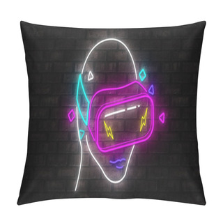 Personality  Image Of A Retro Neon Pink And Turquoise Human Head With Virtual Reality Mask Flickering With Yellow Flashes On Black Background. Digital Technology And Entertainment Concept Digitally Generated Image. 4k Pillow Covers