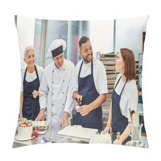 Personality  Joyous African American Male Chef Breaking Egg And Smiling Happily At His Colleagues And Chief Cook Pillow Covers